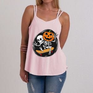 Skeleton On Skateboard With Jack O Lantern Head Funny Halloween Design Women's Strappy Tank