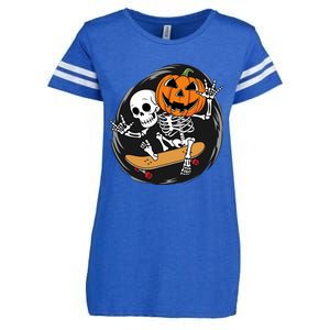 Skeleton On Skateboard With Jack O Lantern Head Funny Halloween Design Enza Ladies Jersey Football T-Shirt