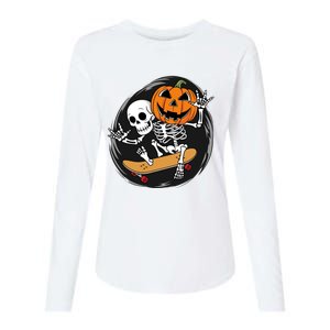 Skeleton On Skateboard With Jack O Lantern Head Funny Halloween Design Womens Cotton Relaxed Long Sleeve T-Shirt