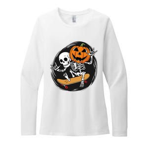 Skeleton On Skateboard With Jack O Lantern Head Funny Halloween Design Womens CVC Long Sleeve Shirt