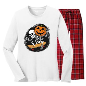 Skeleton On Skateboard With Jack O Lantern Head Funny Halloween Design Women's Long Sleeve Flannel Pajama Set 