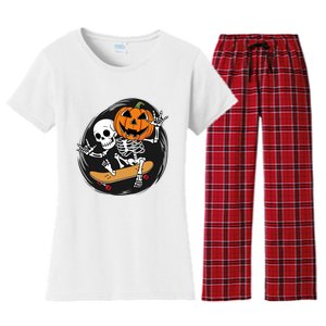 Skeleton On Skateboard With Jack O Lantern Head Funny Halloween Design Women's Flannel Pajama Set