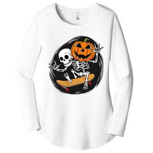 Skeleton On Skateboard With Jack O Lantern Head Funny Halloween Design Women's Perfect Tri Tunic Long Sleeve Shirt