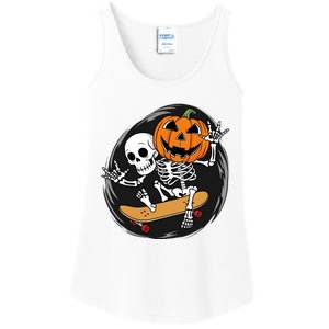 Skeleton On Skateboard With Jack O Lantern Head Funny Halloween Design Ladies Essential Tank