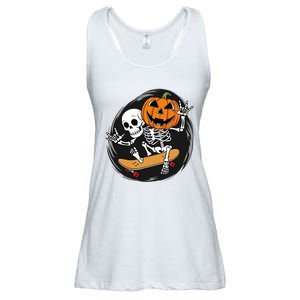 Skeleton On Skateboard With Jack O Lantern Head Funny Halloween Design Ladies Essential Flowy Tank