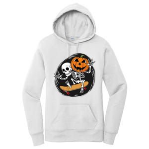 Skeleton On Skateboard With Jack O Lantern Head Funny Halloween Design Women's Pullover Hoodie