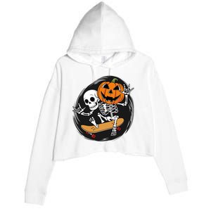 Skeleton On Skateboard With Jack O Lantern Head Funny Halloween Design Crop Fleece Hoodie