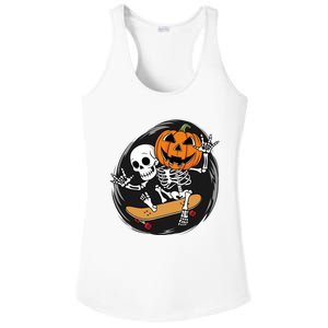 Skeleton On Skateboard With Jack O Lantern Head Funny Halloween Design Ladies PosiCharge Competitor Racerback Tank