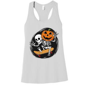 Skeleton On Skateboard With Jack O Lantern Head Funny Halloween Design Women's Racerback Tank