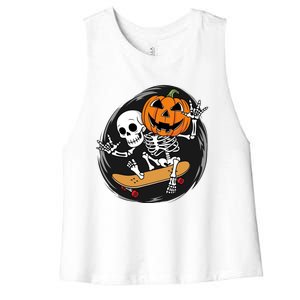 Skeleton On Skateboard With Jack O Lantern Head Funny Halloween Design Women's Racerback Cropped Tank