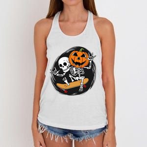 Skeleton On Skateboard With Jack O Lantern Head Funny Halloween Design Women's Knotted Racerback Tank