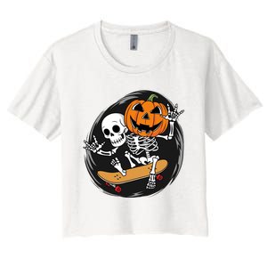 Skeleton On Skateboard With Jack O Lantern Head Funny Halloween Design Women's Crop Top Tee