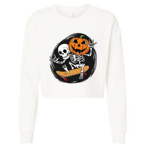 Skeleton On Skateboard With Jack O Lantern Head Funny Halloween Design Cropped Pullover Crew