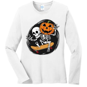 Skeleton On Skateboard With Jack O Lantern Head Funny Halloween Design Ladies Long Sleeve Shirt