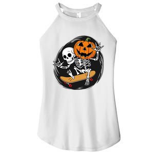 Skeleton On Skateboard With Jack O Lantern Head Funny Halloween Design Women's Perfect Tri Rocker Tank