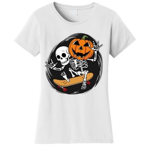 Skeleton On Skateboard With Jack O Lantern Head Funny Halloween Design Women's T-Shirt