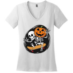 Skeleton On Skateboard With Jack O Lantern Head Funny Halloween Design Women's V-Neck T-Shirt