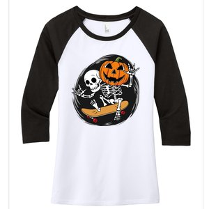 Skeleton On Skateboard With Jack O Lantern Head Funny Halloween Design Women's Tri-Blend 3/4-Sleeve Raglan Shirt