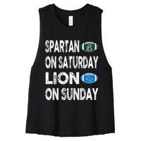 Spartan On Saturday Lion On Sunday Funny Detroit Vintage Fun Women's Racerback Cropped Tank