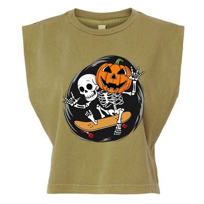 Skeleton On Skateboard With Jack O Lantern Head Funny Halloween Garment-Dyed Women's Muscle Tee