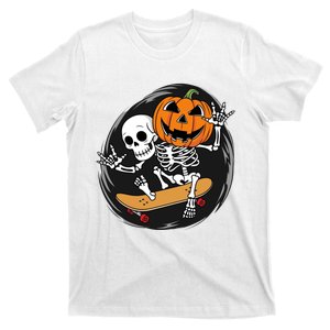 Skeleton On Skateboard With Jack O Lantern Head Funny Halloween T-Shirt