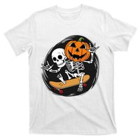 Skeleton On Skateboard With Jack O Lantern Head Funny Halloween T-Shirt