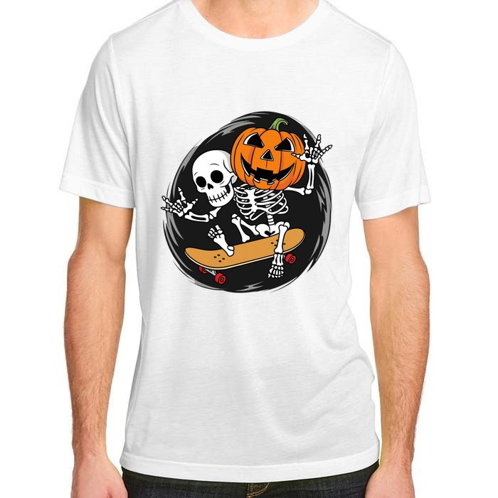 Skeleton On Skateboard With Jack O Lantern Head Funny Halloween Adult ChromaSoft Performance T-Shirt