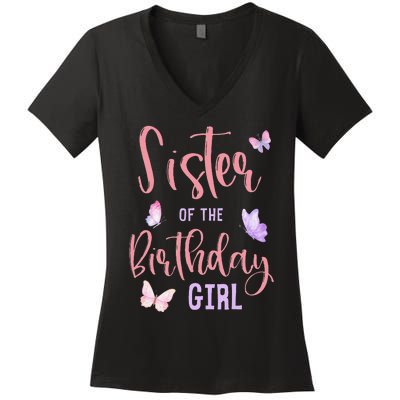 Sister of The Birthday Butterfly Party Matching Family Women's V-Neck T-Shirt