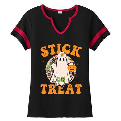 Stick Or Treat Funny Halloween Nurse Ladies Halftime Notch Neck Tee