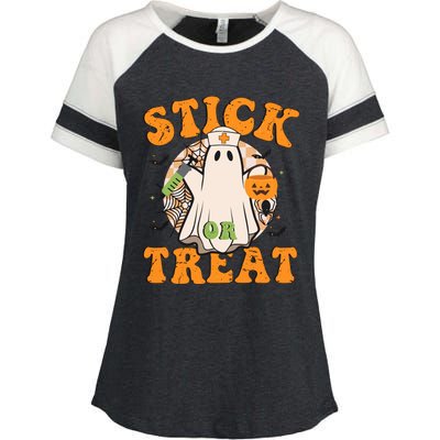 Stick Or Treat Funny Halloween Nurse Enza Ladies Jersey Colorblock Tee