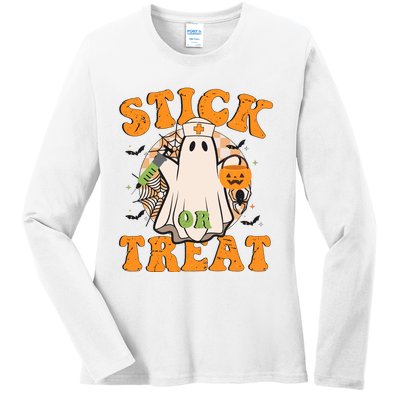 Stick Or Treat Funny Halloween Nurse Ladies Long Sleeve Shirt