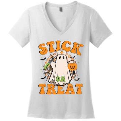 Stick Or Treat Funny Halloween Nurse Women's V-Neck T-Shirt