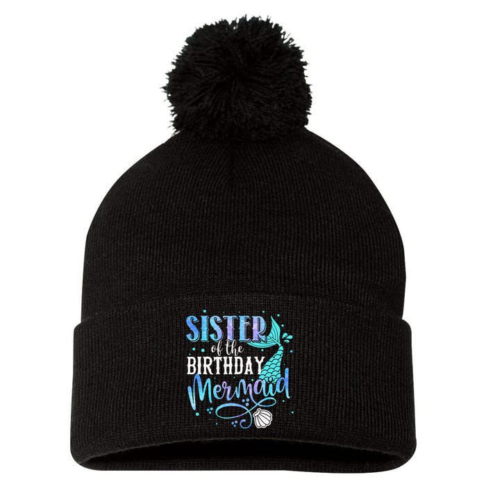 Sister Of The Birthday Mermaid Family Matching Party Squad Pom Pom 12in Knit Beanie