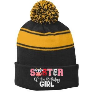 Sister of The Birthday  Cow Family Cow Farm Matching Stripe Pom Pom Beanie