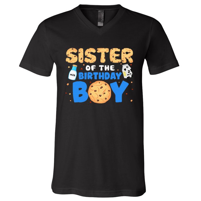 Sister Of The Birthday Boy Milk And Cookies 1st Birthday V-Neck T-Shirt