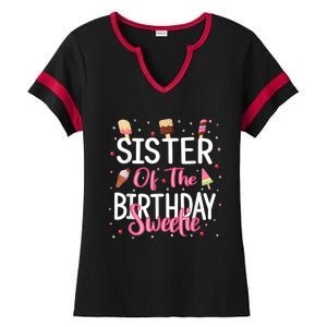 Sister Of The Birthday Sweetie Girl Ice Cream Theme Party Ladies Halftime Notch Neck Tee