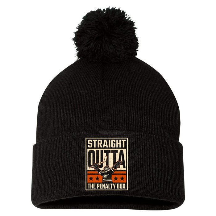 Straight Outta The Penalty Box Funny Hockey Player Fan Lover Pom Pom 12in Knit Beanie