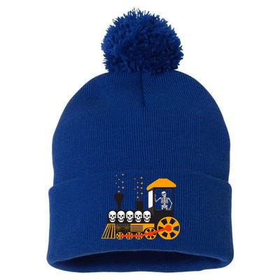 Skeleton On Train Halloween Transportation Funny Pom Pom 12in Knit Beanie