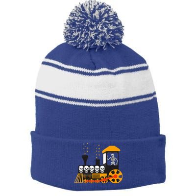 Skeleton On Train Halloween Transportation Funny Stripe Pom Pom Beanie