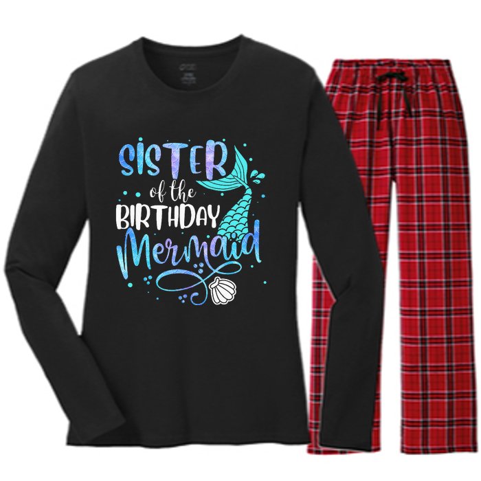 Sister Of The Birthday Mermaid Family Matching Party Squad Women's Long Sleeve Flannel Pajama Set 