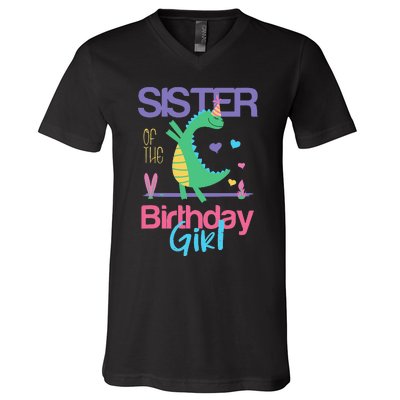 Sister Of The Birthday Dinosaur Theme Matching Family V-Neck T-Shirt