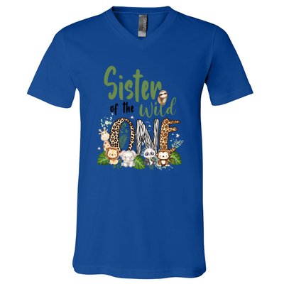 Sister Of The Wild One Zoo 1st Birthday Safari Jungle Animal Gift V-Neck T-Shirt