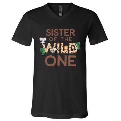 Sister Of The Wild One Animal Safari 1st Birthday Theme V-Neck T-Shirt