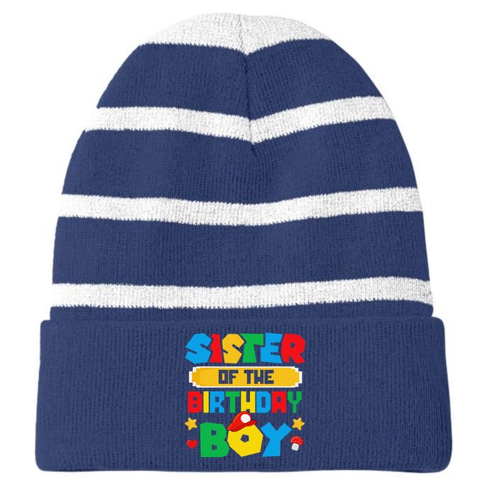 Sister Of The Birthday Boy Game Gaming Family Matching Striped Beanie with Solid Band