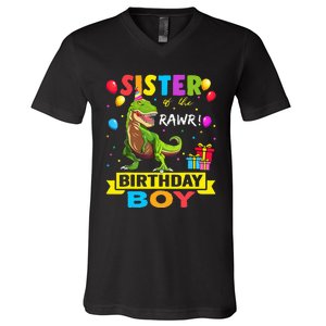 Sister of the Birthday TRex RAWR Dinosaur Birthday V-Neck T-Shirt