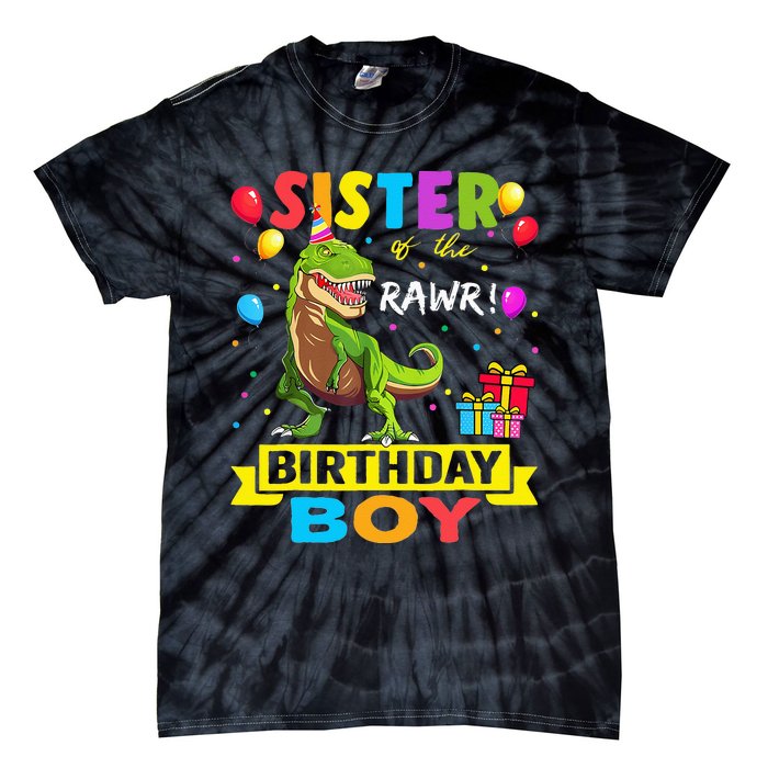 Sister of the Birthday TRex RAWR Dinosaur Birthday Tie-Dye T-Shirt