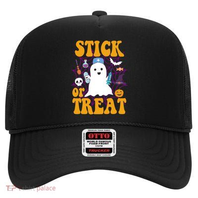 Stick Or Treat Halloween Nurse Ghost High Crown Mesh Back Trucker Hat