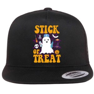 Stick Or Treat Halloween Nurse Ghost Flat Bill Trucker Hat