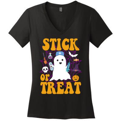 Stick Or Treat Halloween Nurse Ghost Women's V-Neck T-Shirt