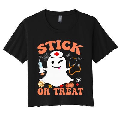 Stick Or Treat Nurse Funny Halloween Costume Women's Crop Top Tee